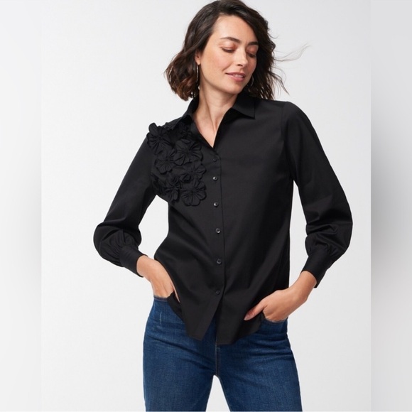 Chico's Tops - Chico's Black Poplin 3D Appliqué Button Down Shirt with Floral Detail